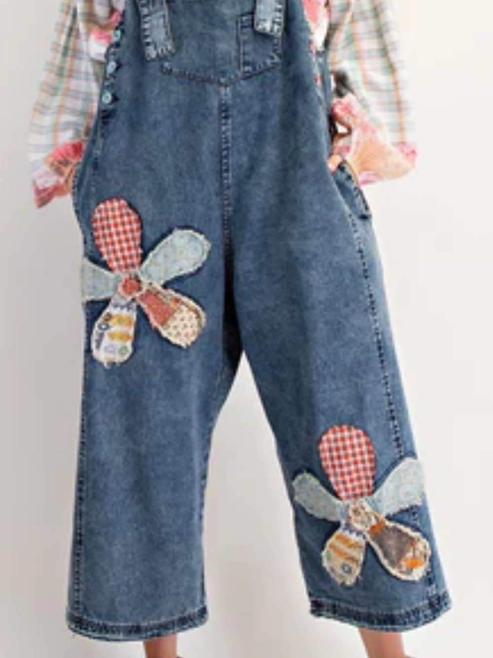 New:Easel Mixed Patchwork Flower Appliqué Boho Wide Leg Denim Jumper Overalls• M - Picture 7 of 7